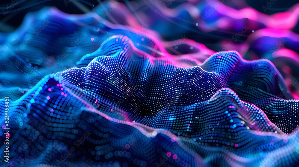 Poster mesmerizing digital fluid waves of glowing particles and fractal lights in futuristic generative art