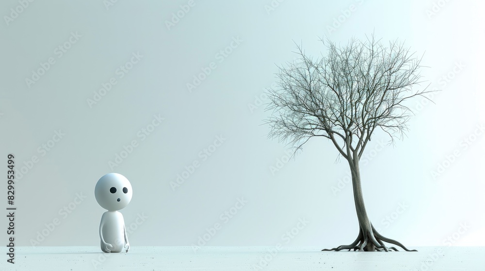 Poster 3d white character minimalist style looking at a dying tree with a sad expression, symbolizing the e