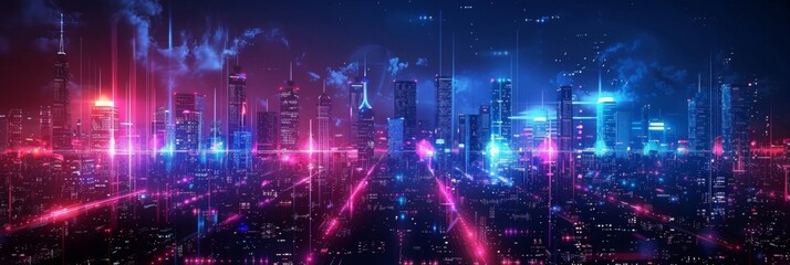 Futuristic Cityscape Illuminated with Neon Lights, Hi-Tech Urban Landscape, futuristic technology concept, graphic banner design