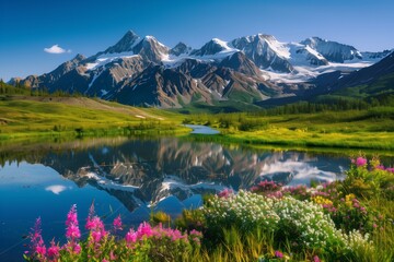 Majestic Mountain Range Reflected in Pristine Lake with Vibrant Wildflowers