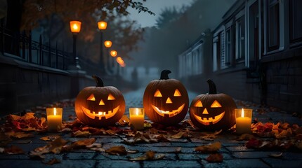 Happy Halloween background with Jack Lantern pumpkin in autumn leaves and candles on foggy night Street. Generative AI