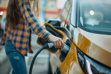 Woman charging an electric car at a charging station, showcasing sustainable and eco-friendly transportation solutions.