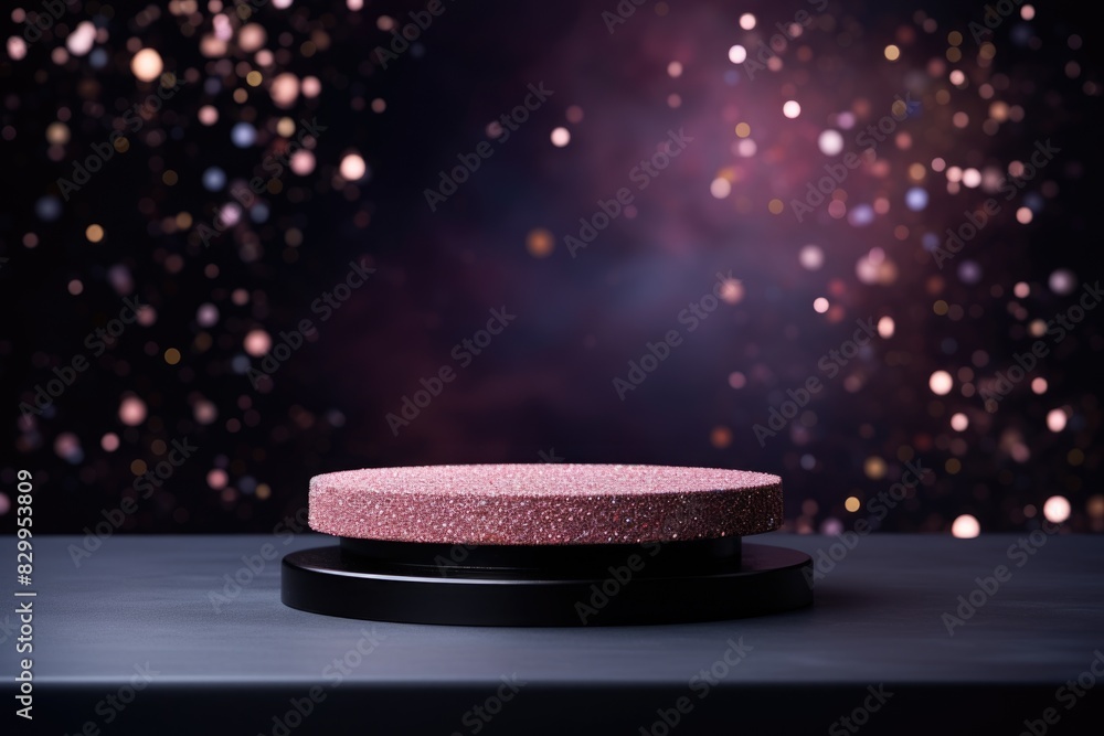 Poster dramatic showcase platform enveloped in pink light and sparkling particles.