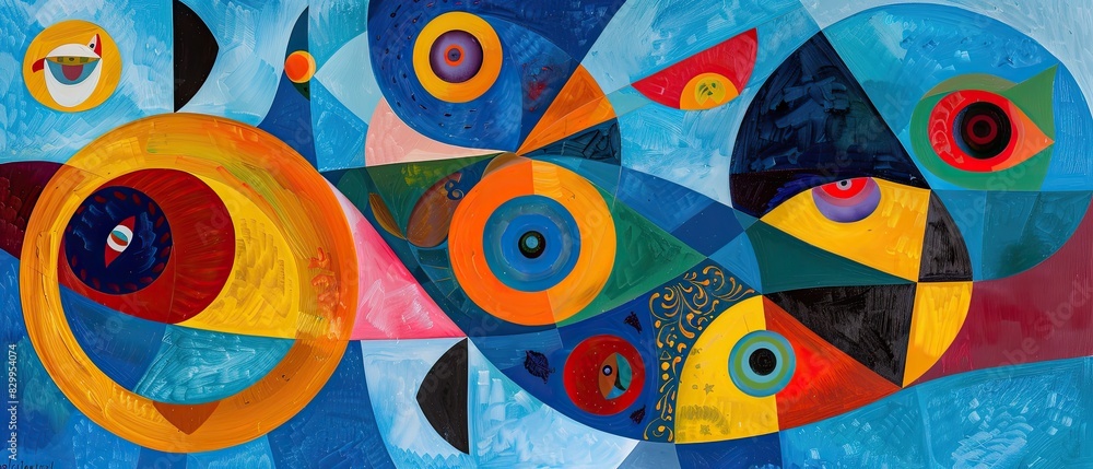 Wall mural vibrant abstract painting featuring colorful geometric patterns and shapes on a textured background.