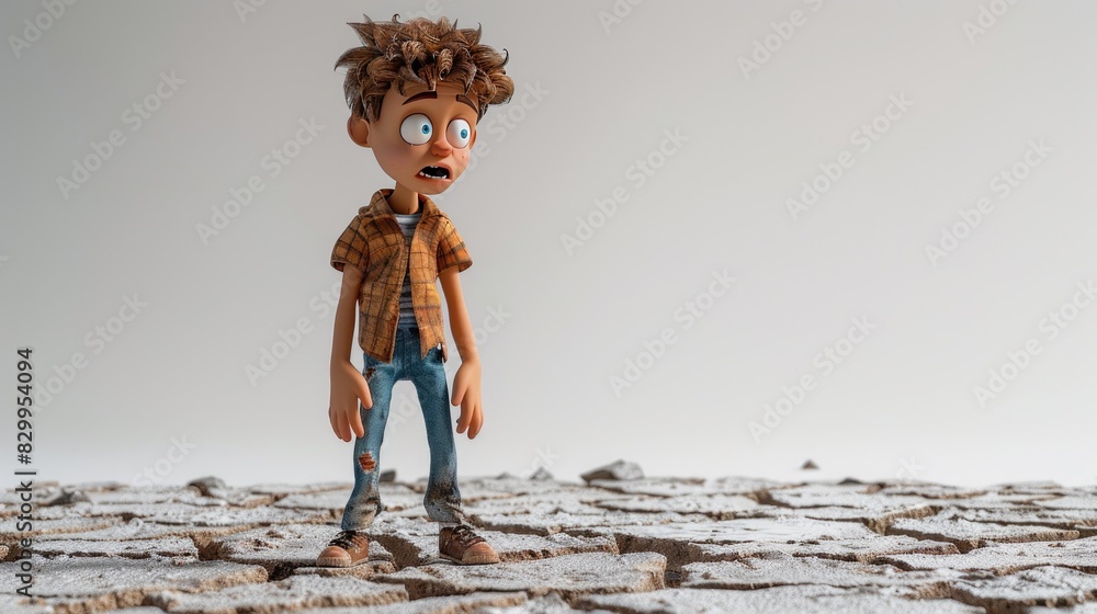 Poster 3d character with a shocked expression, standing next to a dried-up riverbed, highlighting global wa