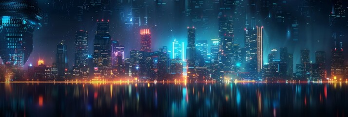Obraz premium Futuristic Cityscape Illuminated with Neon Lights, Hi-Tech Urban Landscape, futuristic technology concept, graphic banner design