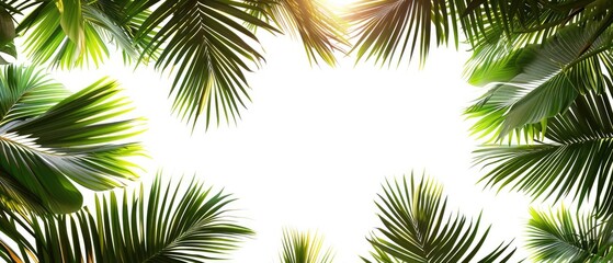 Tropical palm frond with open space for text on white background