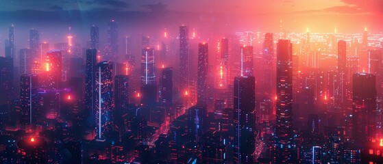 Futuristic Cityscape Illuminated with Neon Lights, Hi-Tech Urban Landscape, futuristic technology concept, graphic banner design