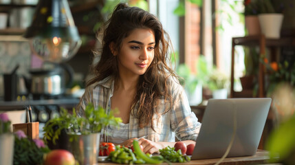 indian girl student Studying in a room and eating healthy foods