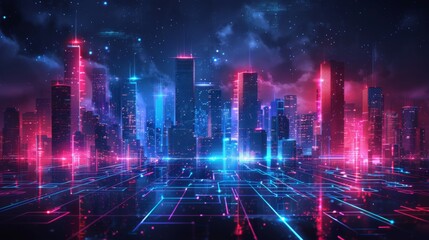 Futuristic Cityscape Illuminated with Neon Lights, Hi-Tech Urban Landscape, futuristic technology concept, graphic banner design