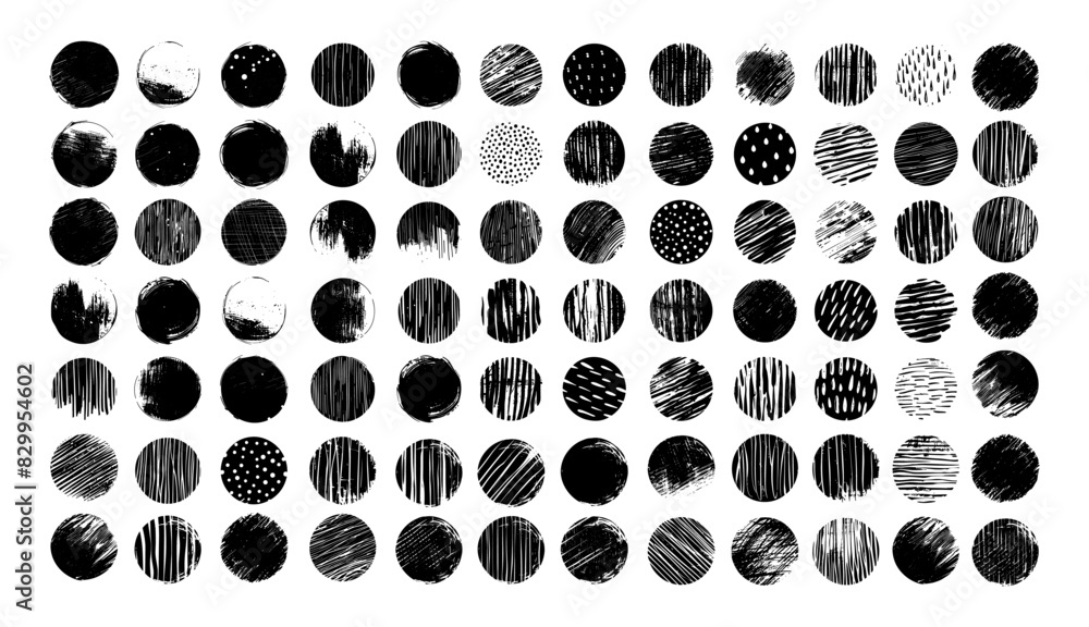 Poster round abstract patterns ink sketch vector set. spots drops dots bends lines splashes strokes scratch