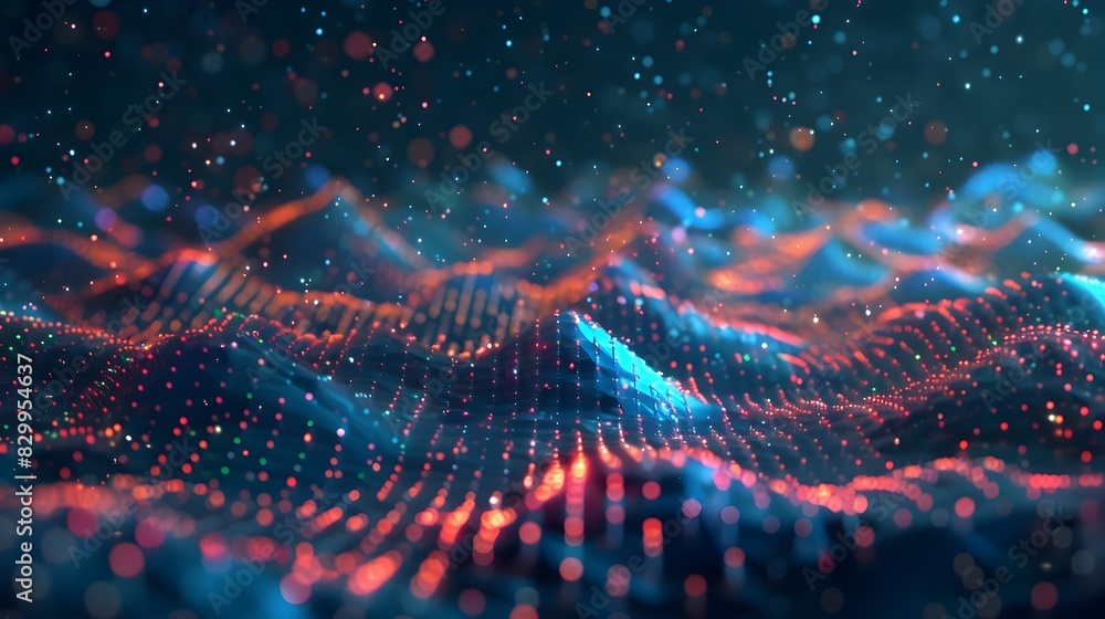 Poster captivating digital landscape of pulsating geometric waves and luminous particles