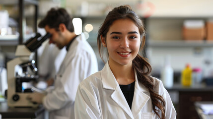 A young scientist wearing a lab coat smiles at the camera while her colleague works in the background.