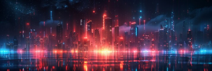 Fototapeta premium Futuristic Cityscape Illuminated with Neon Lights, Hi-Tech Urban Landscape, futuristic technology concept, graphic banner design