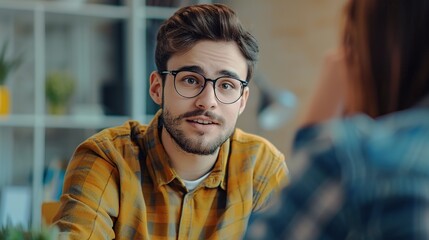 Fototapeta premium Young man is discussing with business team in office