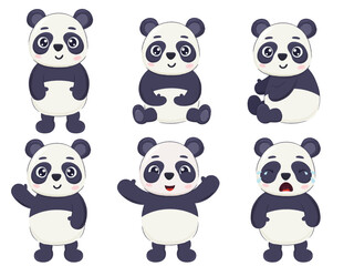 Cute cartoon panda bear character set. Print, postcard, poster element  isolated on white.
