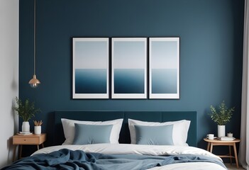 interior, Cozy dark blue bedroom interior background with a farmhouse style mockup frame rendered in 3D