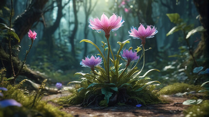 Fantasy alien flower portrayed as a magic forest plant game set. This fairy tale isolated asset is perfect for a fantastic  nature landscape, forming an unusual flora collection. Generative AI.