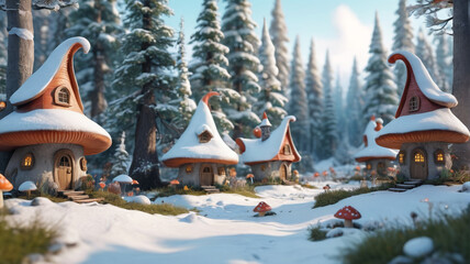 Magic gnome village with snow in a winter forest. Features cute fairy tale mushroom houses for an elf panorama background. Generative AI.