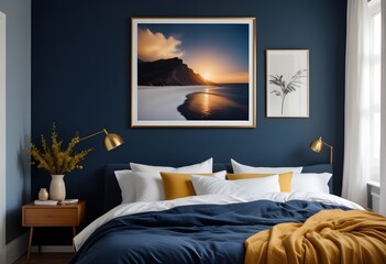 A contemporary dark-themed bedroom with a dark bed, showcasing an empty mockup frame on a vibrant blue wall. 8k