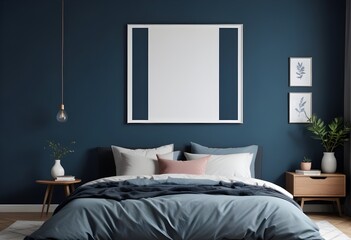 interior of a bedroom, A contemporary dark-themed bedroom with a dark bed, showcasing an empty mockup frame on a vibrant blue wall. 8k