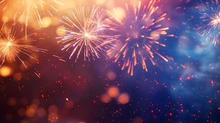 Obraz premium Vibrant fireworks and colorful bokeh lights in the night sky, creating a festive atmosphere