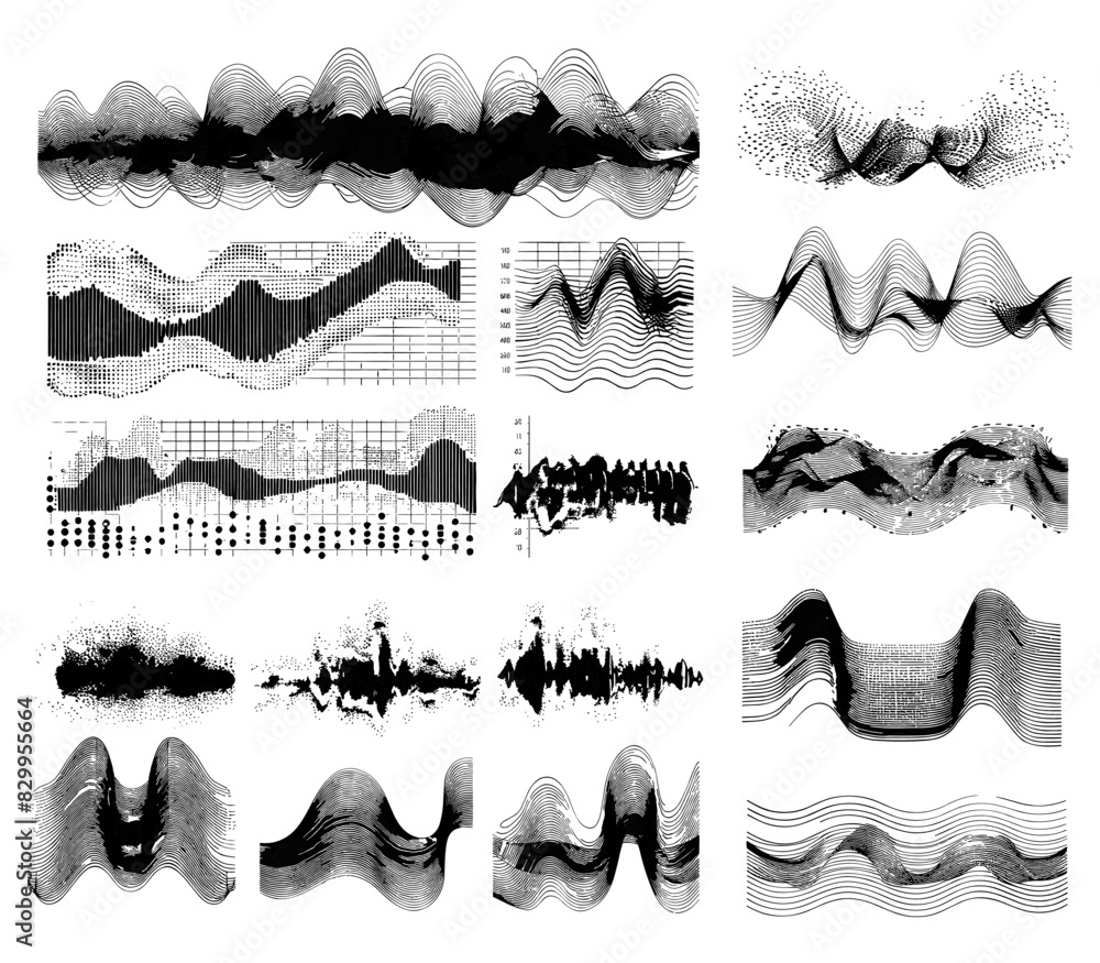 Aufkleber sound waves ink sketch vector set. frequency recording volume equalizer radio signal voice electroni