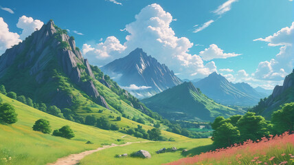 Fototapeta premium Beautiful summer anime seasonal landscape featuring hills and mountains, a sky adorned with clouds. Generative AI.