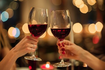 Friends holding red wine glasses on blurred restaurant background, photography