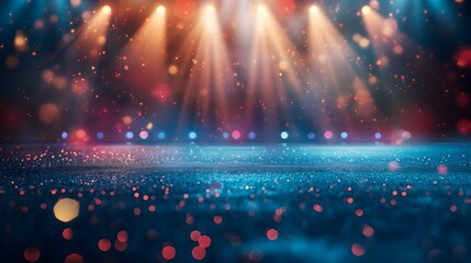 Vibrant stage with a glittering floor and colorful bokeh lights, creating a festive atmosphere