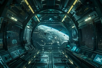 Futuristic Space Station Corridor with View of Asteroid Field and Advanced Technology