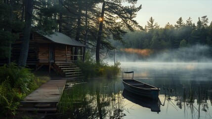 Obraz premium Tranquil Lakeside Cabin at Dawn with Misty Water and Rowboat