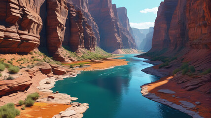 A canyon with a river depicted in a vector simple 3D smooth cut isolated illustration. Generative AI.