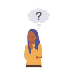 Worried thoughtful preteen girl child isolated cartoon character thinking trying to find idea