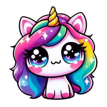 Naklejki A  cartoon-style unicorn with a rainbow-colored mane and tail sits