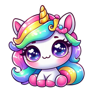 Naklejki A  cartoon-style unicorn with a rainbow-colored mane and tail sits