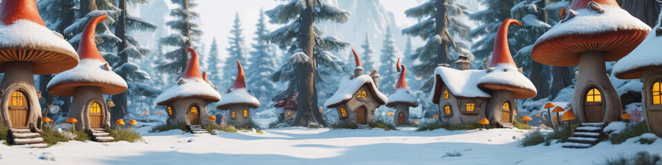 Naklejka premium Magic gnome village with snow in a winter forest. Features cute fairy tale mushroom houses for an elf panorama background. Generative AI.