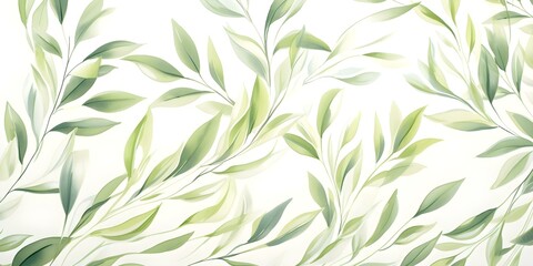 Soft pastel green botanical digital paper with elegant watercolor leaves on white. Concept Botanical digital paper, Soft pastel green, Watercolor leaves, Elegant design, White background