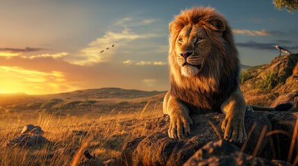 A majestic lion on a rock in a grassy field under the sky