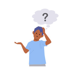 Nervous boy child cartoon character having trouble feeling misunderstanding asking question