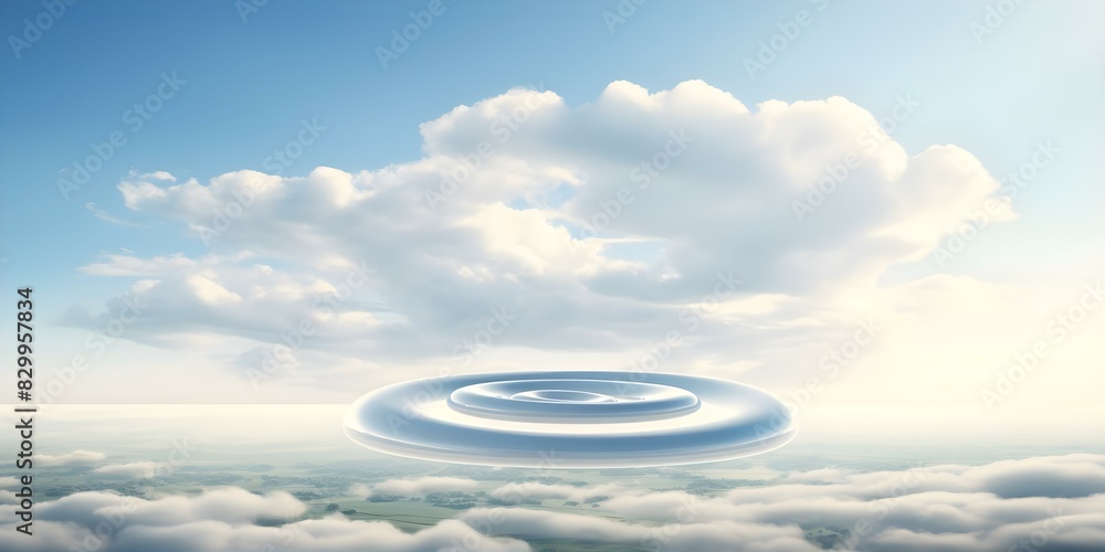 Poster a floating mockup with spiraling strcase in clouds evoking disorientation and potential. concept sur