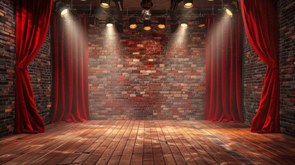 Empty theater stage with red curtains and spotlight on a brick backdrop, ready for a performance or event. Dramatic and atmospheric setting.