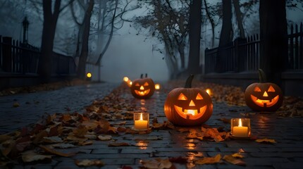 Happy Halloween background with Jack Lantern pumpkin in autumn leaves and candles on foggy night Street. Generative AI