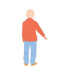 Fototapeta premium Back view of preteen boy child cartoon character pointing finger down indicating something