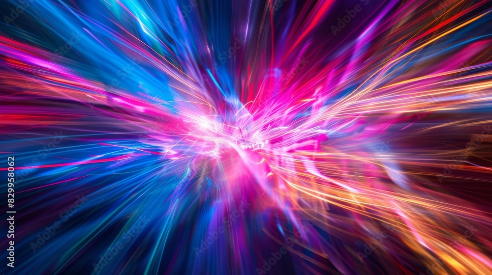 Poster vibrant and dynamic abstract light painting with vivid colors and motion effects, creating a visuall