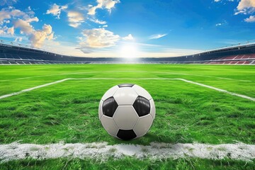 Soccer ball on a green field in a stadium with a bright sky. Perfect for sports and competition themes.