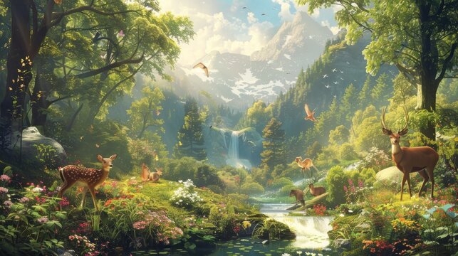 A vibrant 2D illustration of the Garden of Eden featuring lush greenery, colorful flowers, and towering trees. Animals like deer, rabbits, and birds roam freely in this enchanting wonderland, while a