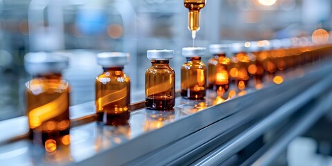 Closeup of medical ampoules on production line in pharmaceutical factory showcasing drug manufacturing process. Concept Pharmaceutical Factory, Drug Manufacturing, Medical Ampoules, Production Line