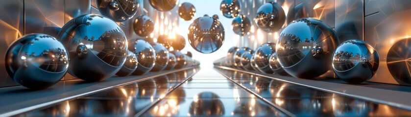 3D rendering shiny metal spheres in a futuristic sci-fi environment.