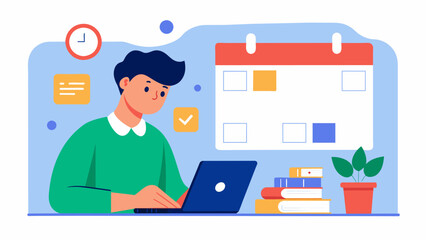 A student using a digital planner to keep track of assignments due dates and remote class schedules.. Vector illustration